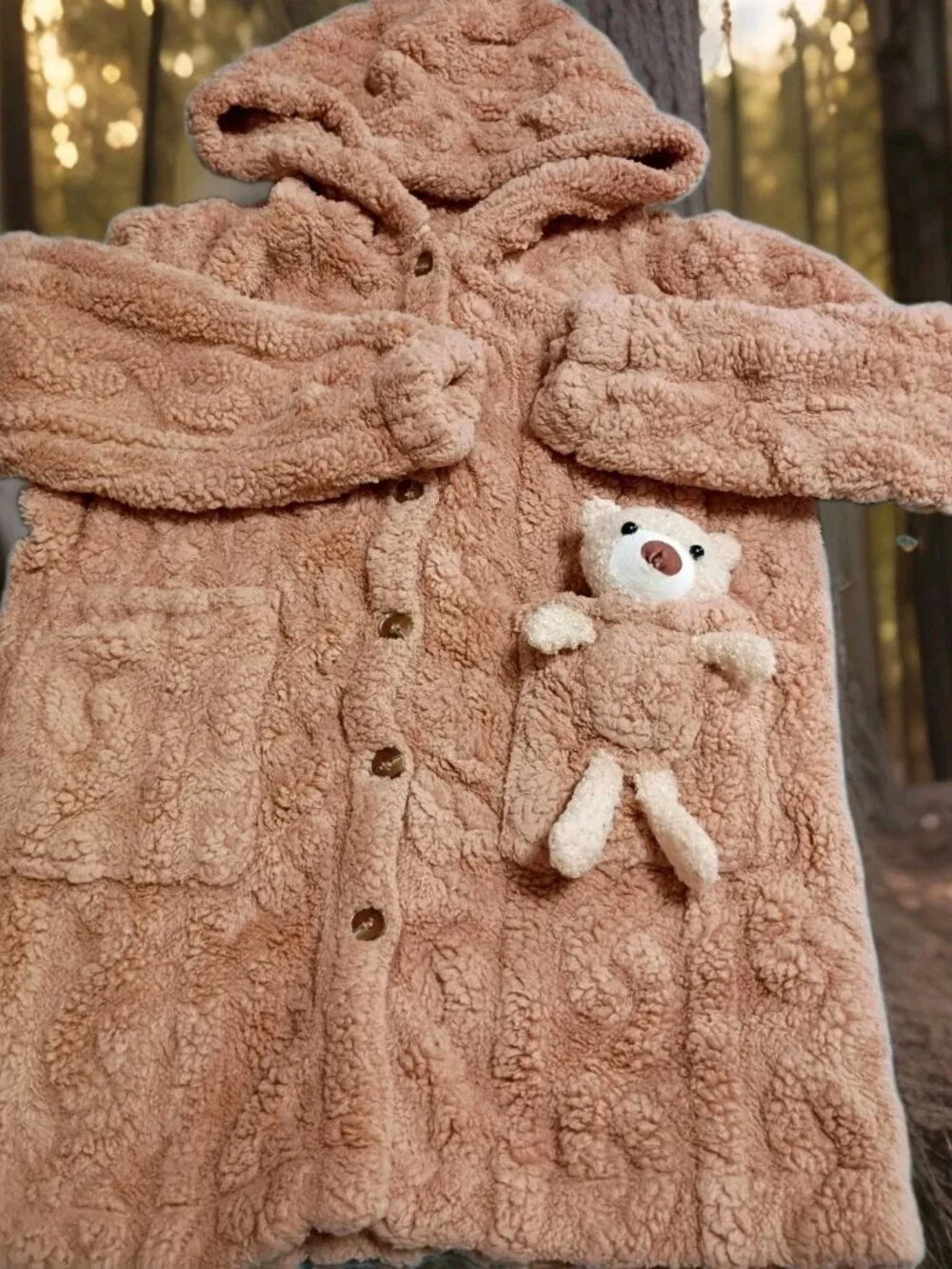 Shein Youth Faux Fur Hooded Teddy Bear Long Sleeve Jacket Brown Size 8Y